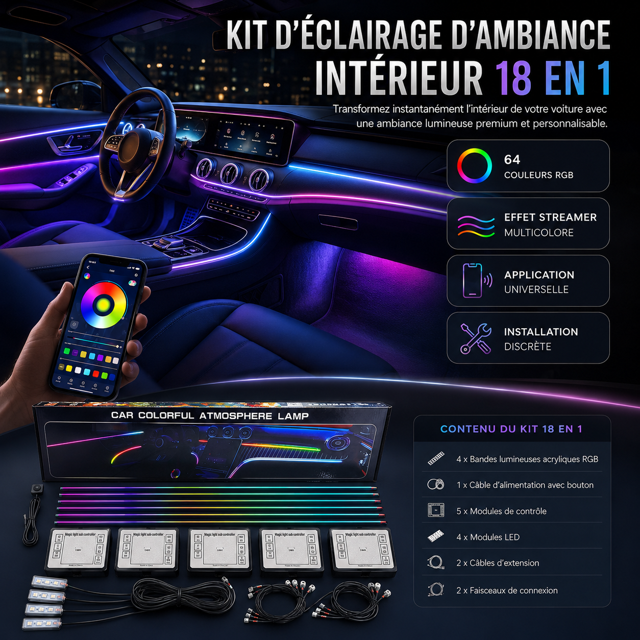 Kit d’Éclairage d’Ambiance Auto 18-en-1 | 64 Couleurs RGB