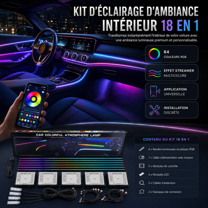 Kit d’Éclairage d’Ambiance Auto 18-en-1 | 64 Couleurs RGB