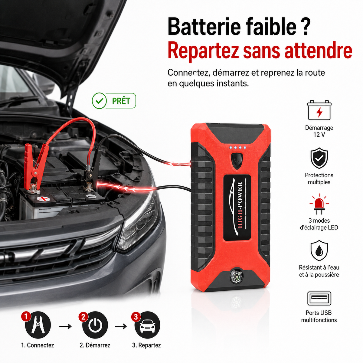JUMP STARTER : Kit D’Urgence Auto 3-en-1 | Batterie, Gonflage, Recharge + Support Téléphone Offert