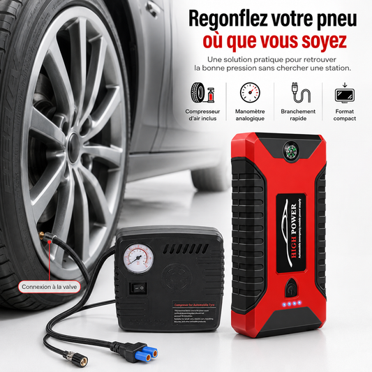 JUMP STARTER : Kit D’Urgence Auto 3-en-1 | Batterie, Gonflage, Recharge + Support Téléphone Offert
