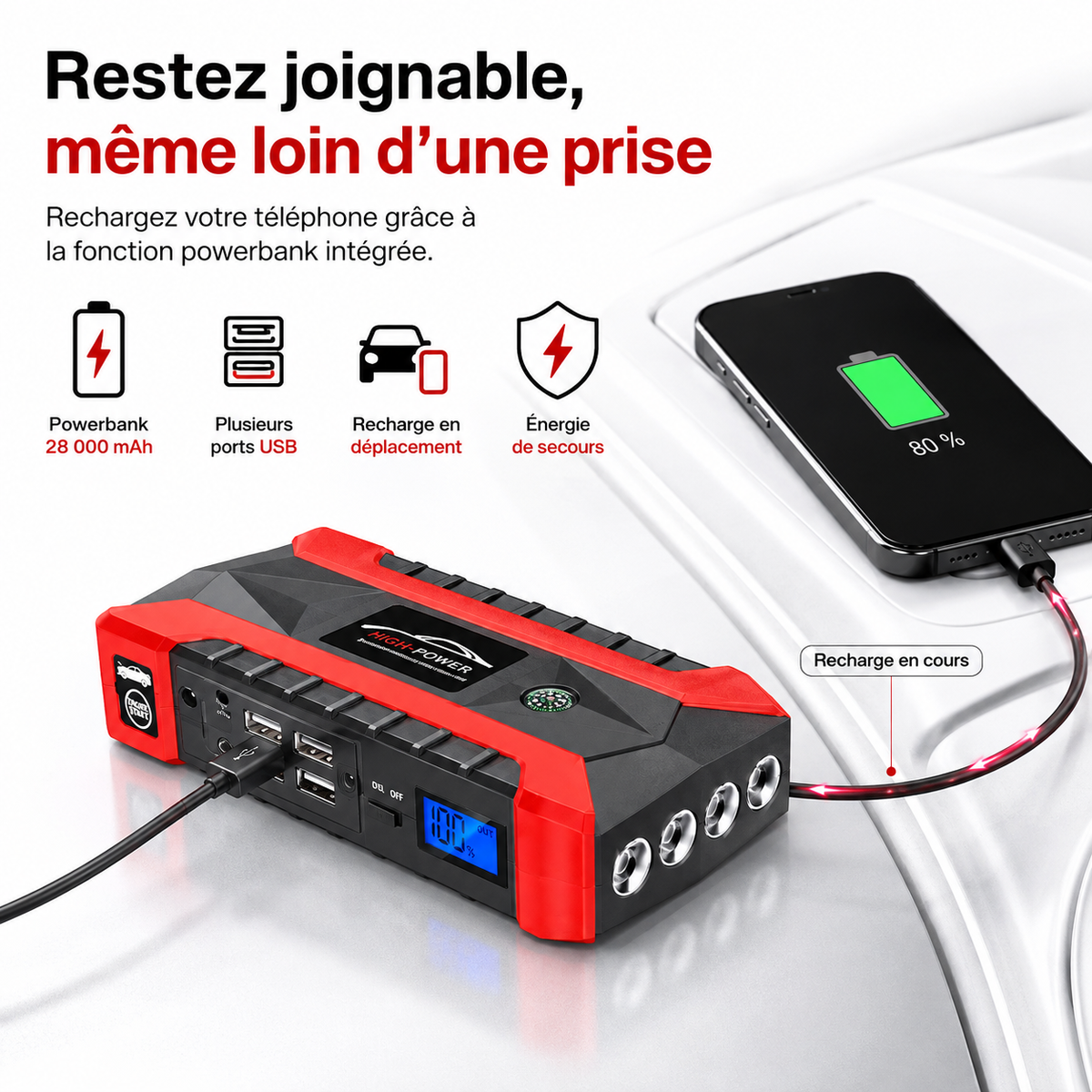 JUMP STARTER : Kit D’Urgence Auto 3-en-1 | Batterie, Gonflage, Recharge + Support Téléphone Offert