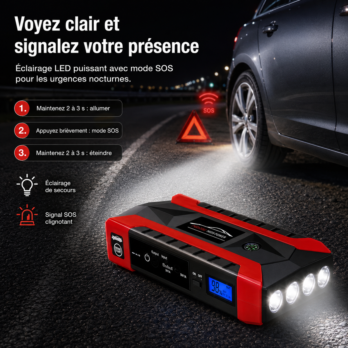JUMP STARTER : Kit D’Urgence Auto 3-en-1 | Batterie, Gonflage, Recharge + Support Téléphone Offert