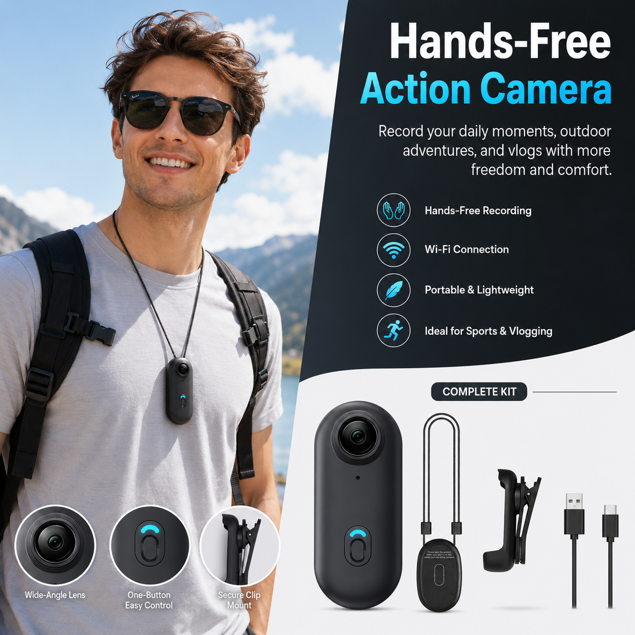 Hands-Free Action Camera | Outdoor Sports, Vlogging & Wi-Fi Connection