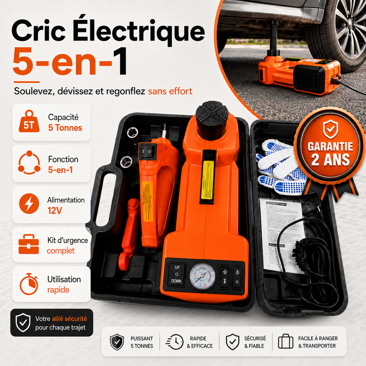 Kit Cric Électrique 5-en-1 | Ne Restez Plus Bloqué en Cas de Panne : Soulevez, Dévissez et Regonflez – Garantie 2 ans Incluse