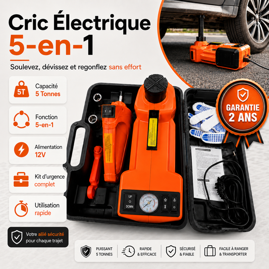 Kit Cric Électrique 5-en-1 | Ne Restez Plus Bloqué en Cas de Panne : Soulevez, Dévissez et Regonflez – Garantie 2 ans Incluse