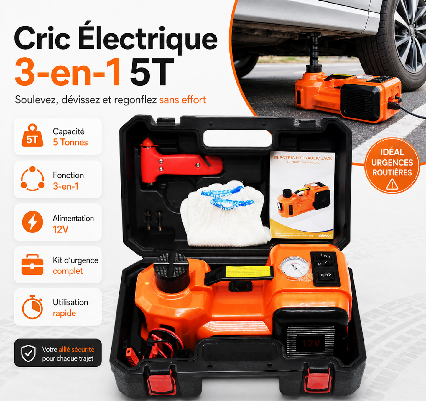 Cric Électrique 3-en-1 5T | Soulevez, Dévissez Et Regonflez Sans Effort